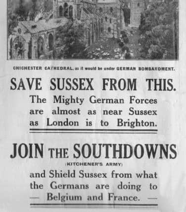 The menace of Zeppelin bombers was turned to propaganda purposes early in the Great War. This recruitment poster depicts a squadron of the airships destroying Chichester Cathedral. In fact no such raid took place. Another poster in similar vein showed the bombers blasting Brighton Town Hall. Copies of these posters are in Seaford Museum. SUS-150428-143904001