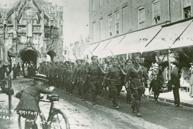 Territorials, probably 4th battalion Royal Sussex Regiment, leave Chichester on August 5 1915     Picture: West Sussex Record Office RSR/PH/4/38