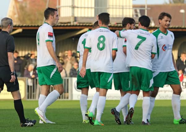 Bognor celebrate a goal in an earlier Trophy round, against East Grinstead / Picture by Tim Hale