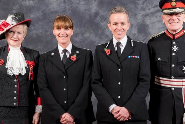 L-R: High Sheriff Juliet Smith, Chief Superintendent Di Roskilly, Deputy Chief Constable Olivia Pinkney and Lord Lieutenant Peter Field. SUS-151118-154829001