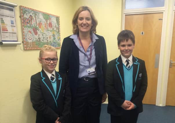 Amber Rudd MP with class ambassadors Ruby and Charlie