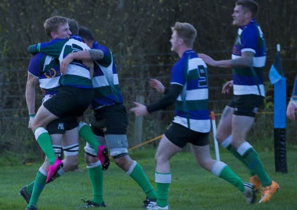 Bognor celebrate Jack Tompkins' try / Picture by Tommy McMillan