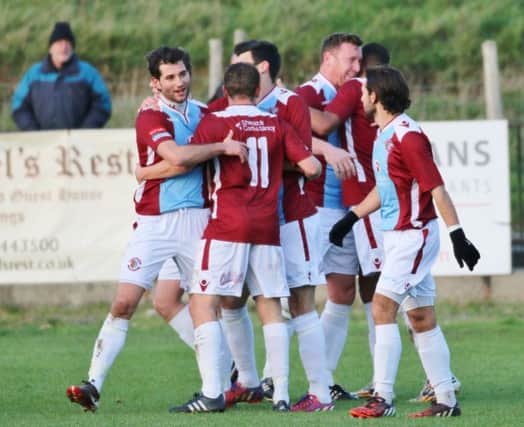 Hastings United celebrate scoring during their 5-1 victory at home to South Park on Saturday. Picture courtesy Joe Knight