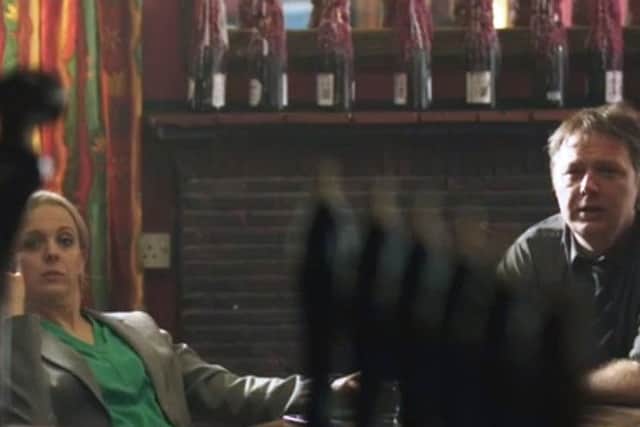 Amanda Abbington as DS Jo Moffat and Shaun Dooley as DC Carl Hawkins in The Castle for BBC drama Cuffs