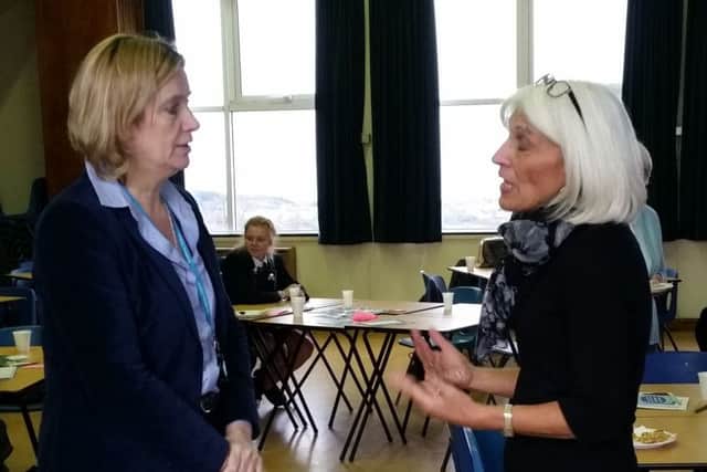 Amber Rudd with chief executive officer of seAp Advocacy (Support, Empower, Advocate, Promote) Marie Casey at the Education Futures Trust forum