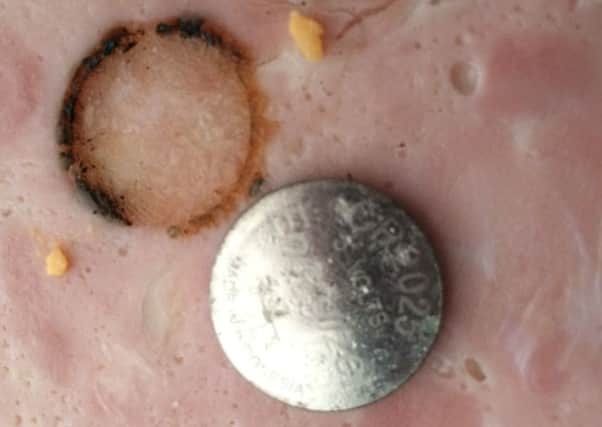 A slice of ham burned by a button battery after 15 minutes (photo submitted). SUS-151127-091732001