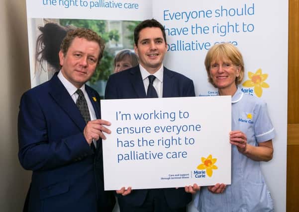 Huw Merriman MP with Marie Curie nurse Sally Monger-Godfrey and impressionist Jon Culshaw