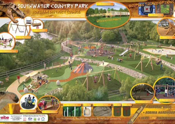 Horsham District Council proposals for Dinosaur Island at Southwater Country Park. Designs by playground designers Eibe SUS-141111-160824001