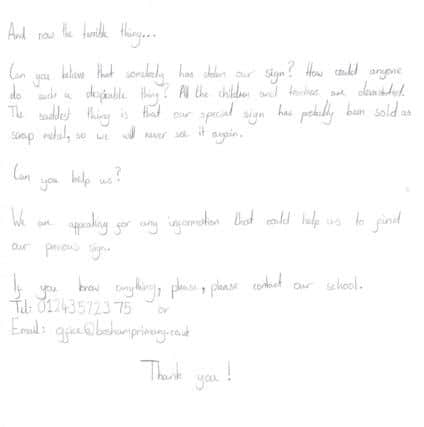 A letter written by a ten-year-old pupil at Bosham Primary School after thieves took the school's sign SUS-151112-150109001
