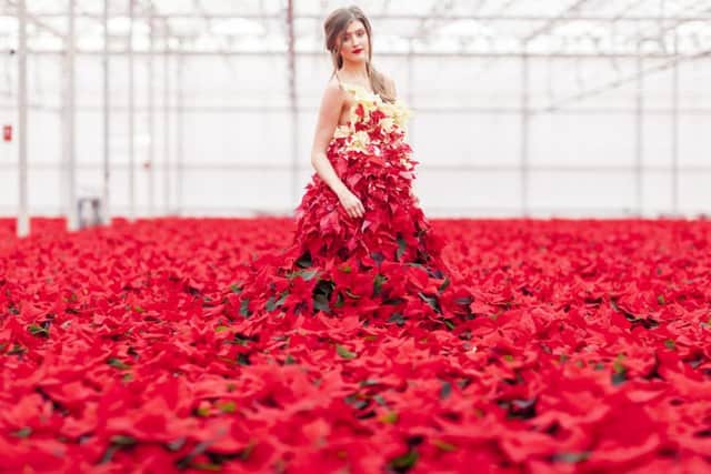 The living poinsettia dress created by floral stylists, Okishima & Simmonds at Hill Brothers Nursery in Chichester, Picture by Julian Winslow for Stars for Europe SUS-151214-143456001