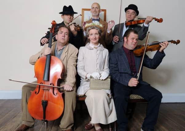 The Ladykillers cast, back row from left, Dan Dryer as Louis Harvey, H Reeves as Professor Marcus, David Peaty as Major Courtney; front row from left, John Garland as One Round, Judith Berrill as Mrs Wilberforce and Mark Best as Harry Robinson