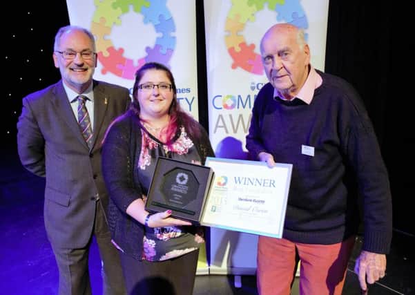 West Sussex County Times Community Awards 2015: David Owen (right) with James Burns from Help For Heroes and Ruth Dewdney from award sponsor Amberley Museum