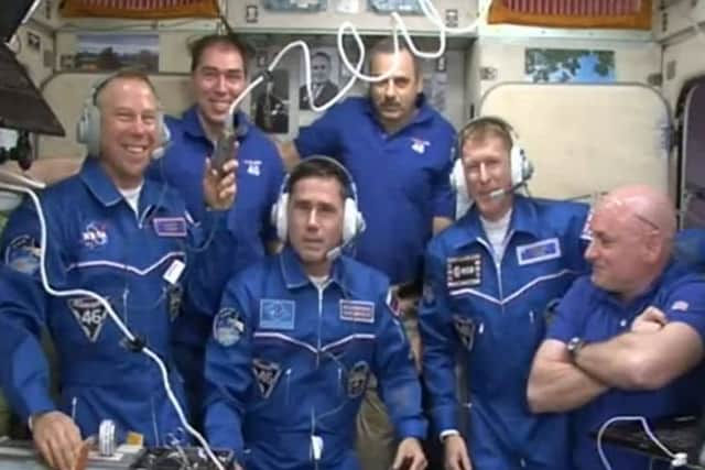 British astronaut Major Tim Peake (second right) with crew members Russian commander Yuri Malenchenko (front centre) and US astronaut Tim Kopra (left) at the the International Space Station (ISS). European Space Agency/PA Wire
