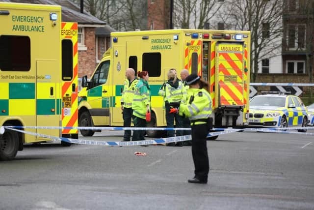 Emergency services at the scene of a crash involving a cyclist in Basin Road, Chichester, on December 11 PICTURE BY EDDIE MITCHELL SUS-151112-121350001