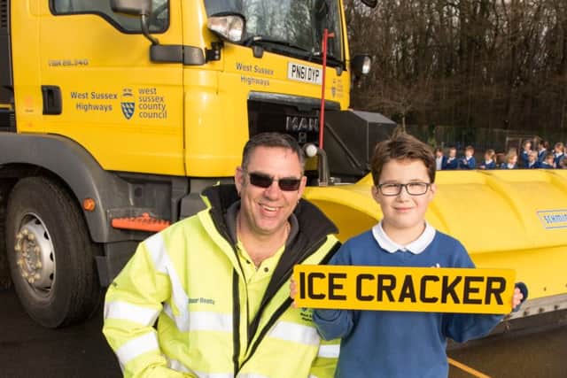 Samuel Milton of Rudgwick Primay School with Ice Cracker, won name a gritter competition. SUS-151217-130714001