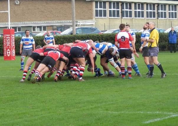 Scrummage action from Hastings & Bexhill's narrow defeat away to HSBC. Picture courtesy Peter Knight