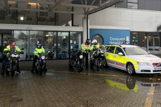 Service by Emergency Rider  Volunteers (SERV) team up with West Sussex Bikers' Motorcycle Club to deliver Toys to Sussex Children in Hospital over Christmas.  Conquest Hospital, Hastings. SUS-151228-090643001