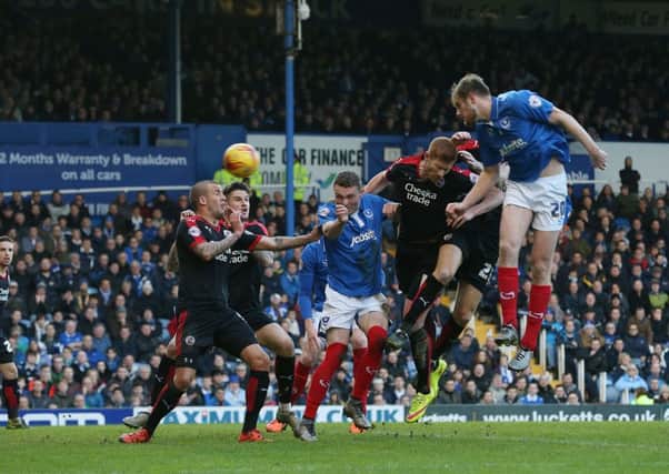 PortsmouthÃ¢Â¬"s Matt Clarke scores his first goal of the match during the Sky Bet League 2 match between Portsmouth and Crawley Town at Fratton Park, Portsmouth, England on 2 January 2016. PPP-160201-152649006