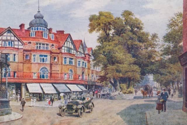 A. R. Quinton painted scenes such as this of around 1920 using photographs provided by his publisher, J. Salmon of Sevenoaks  but he often improved upon reality