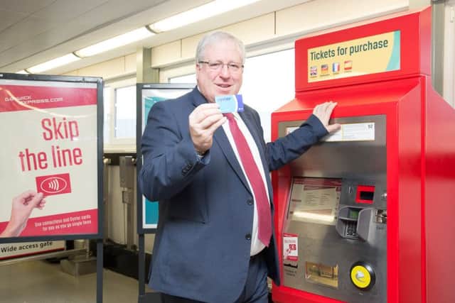 Secretary of State for transport Patrick McLoughlin launches new oyster card barriers at Gatwick airport. SUS-161101-164650001