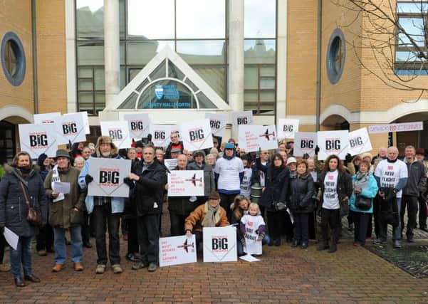 Campaigners outside Parkside (formerly County Hall North), in  Horsha in January 2015, before county councillors voted to oppose a second runway at Gatwick