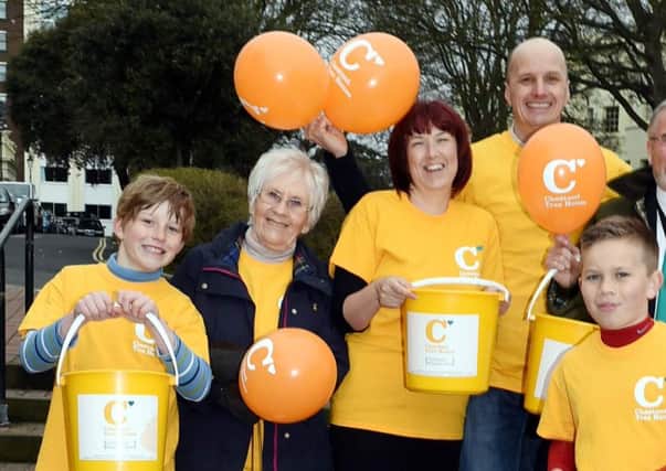 Collection for Chestnut Tree House. Volunteers take to the streets of Worthing to raise money for the children's charity. Pictured are L-R Oscar Boxall (10), June Dee, Janine Tillings, Nigel Tillings, Cllr Vic Walker (Mayor to Worthing), Finley Dee (1) and Janine Dee. 
Worthing. 

Picture : Liz Pearce 040415
LP1500877 SUS-150404-191755008
