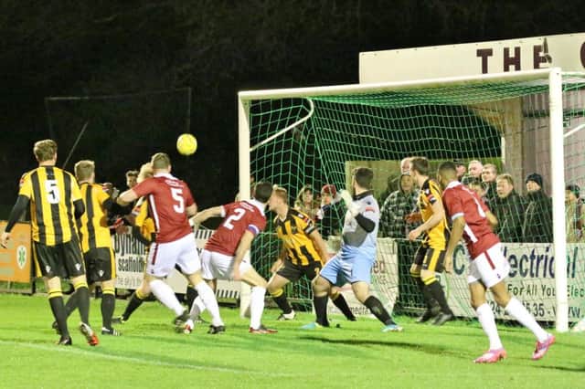 Action from Hastings United's midweek win at home to East Grinstead Town. Picture courtesy Joe Knight