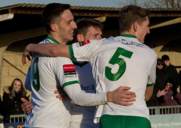 Jason Prior and team-mates celebrate his fourth-minute opener against VCD / Picture by Tommy McMillan