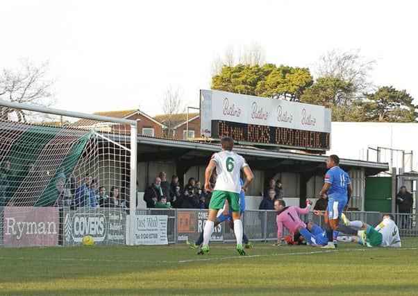 Jason Prior puts Bognor ahead in their last Nyewood Lane outing, against VCD on Saturday / Picture by Tim Hale