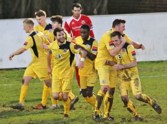 Hastings United celebrate their equaliser in Saturday's 2-1 win away to Whitstable Town. Picture courtesy Joe Knight
