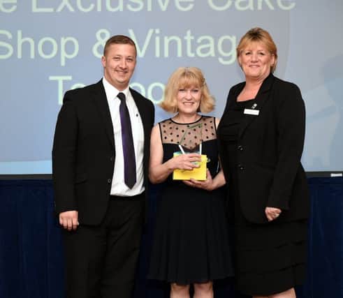Gazette & Observer Business Awards 2015. The Place to Eat. Winners. The Exclusive Cake Shop & Vintage Tearoom, presenting are Tracy Hammerschlag and Adam Thackerty from the Hilton Avisford Park.  Hilton Avisford Park, Arundel, Sussex.  Picture: Liz Pearce