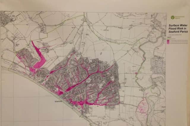 A map showing areas at risk of surface water flooding in Seaford Parish. SUS-160118-114557001
