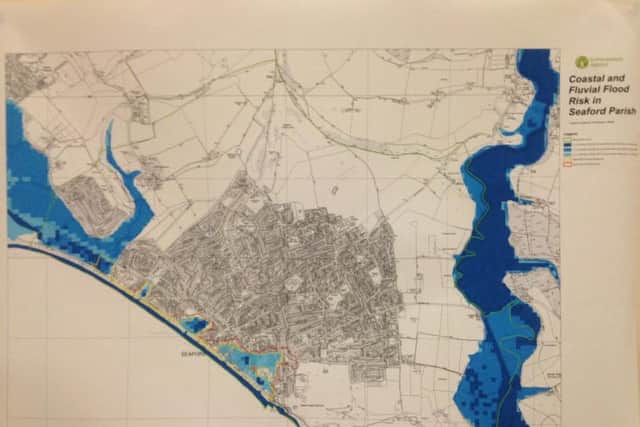 A map showing areas at risk of coastal and river flooding in Seaford Parish. SUS-160118-114504001