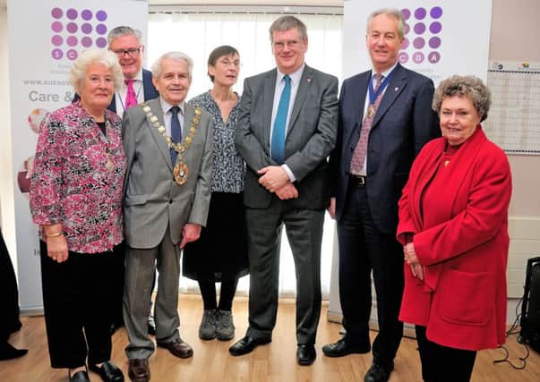 (L-R) Ann and Maurice Watson (Mayoress and Mayor of Bexhill), Ruairi McCourt (Back) SCDA Care & Support Programme Manager, Penny Shimmin (Chief Exectutive SCDA), Cllr Bill Bentley (ESCC Lead Member for Adult Social Care & Community Safety), Cllr Michael Ensor (ESCC) and Cllr Joyce Hughes (Rother). Photo by Tony Coombes SUS-160121-085410001