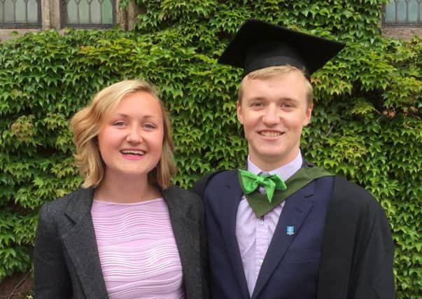 Paddy graduating from Sheffield with a 2:1 in Mechanical Engineering with girlfriend Rebecca Marsh.