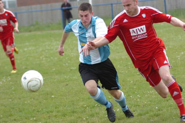 Jacob Shelton (left) in action for Bexhill United in the 2013/14 Sussex County League Division Two Challenge Cup final against Loxwood