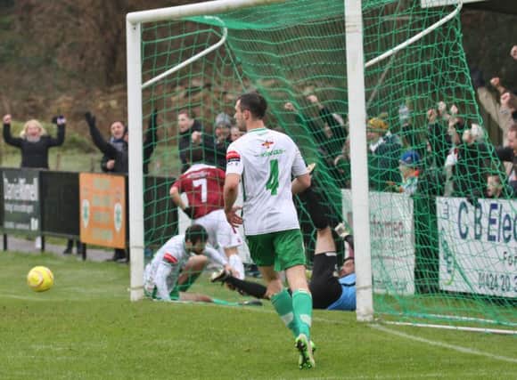 Hastings United score their second goal at home to Guernsey last weekend. Picture courtesy Joe Knight