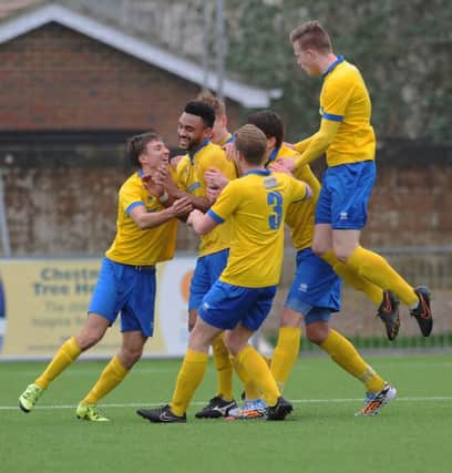 Lancing celebrate a goal in their league encounter with Chichester City at Culver Road last month