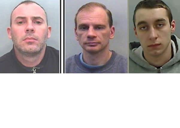 Tomas Paulavicius, 36 (pictured left), was sentenced to eight years in prison, Dainius Gastilavicius, 39 (centre), was given seven years, and Arturas Malysovas, 21 (pictured right), was sentenced to six years in prison. Photo supplied by Sussex Police