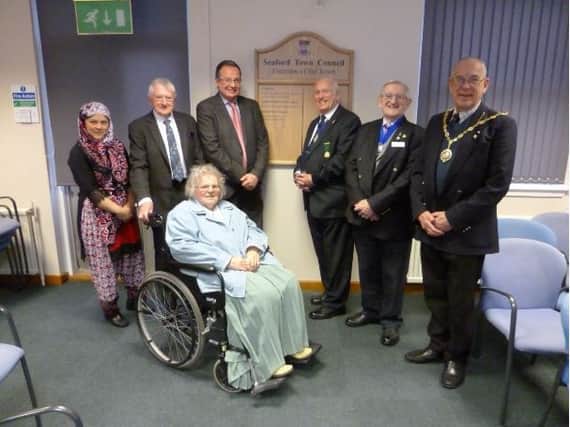 L-R: Cllr Rahnuma Hayder, Rodney Boon, Kevin Gordon, Laurie Holland, Cllr Mark Brown, Cllr Dave Argent and Mrs Maeve Mabey (seated) SUS-160126-103207001