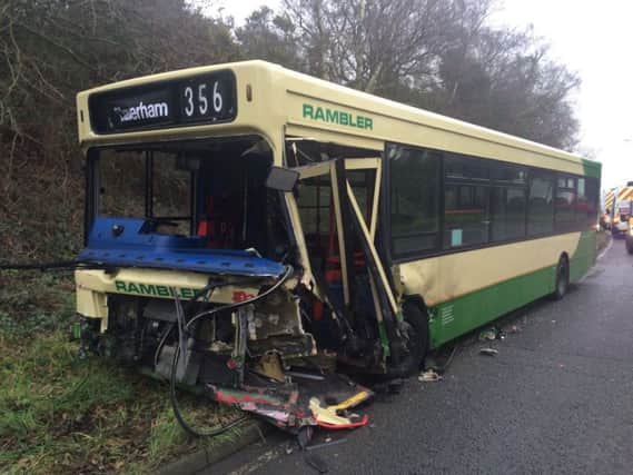 A bus and three cars were involved in a crash on Barnhorn Road, Bexhill. Picture courtesy of Sgt Dan Pitcher of the Sussex Police Road Policing Unit. SUS-160102-162940001