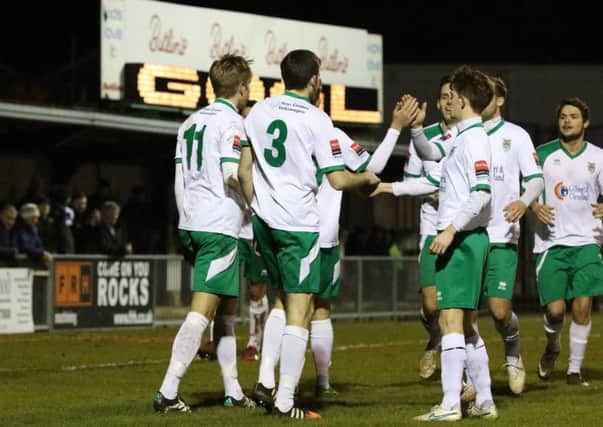 The Rocks celebrate their second, scored by Snorre Nilsen / Picture by Tim Hale