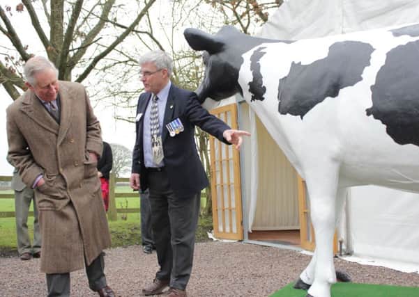 Chichester volunteer Mark Hillman introduces the Prince of Wales to Milky Way, his life-size fibreglass Friesian