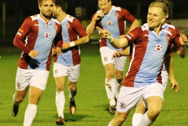Simon Johnson celebrates his late equaliser for Hastings United against Corinthian-Casuals. Picture courtesy Joe Knight