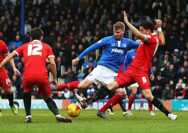 Pompey striker Michael Smith's route to goal is blocked against Leyton Orient    Picture: Joe Pepler