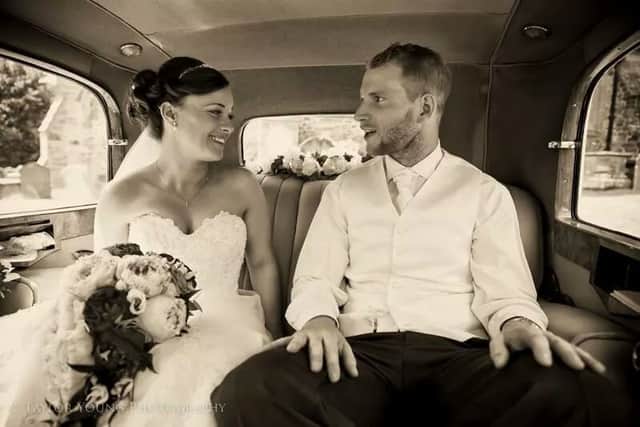 Laura and Gavin on their wedding day
