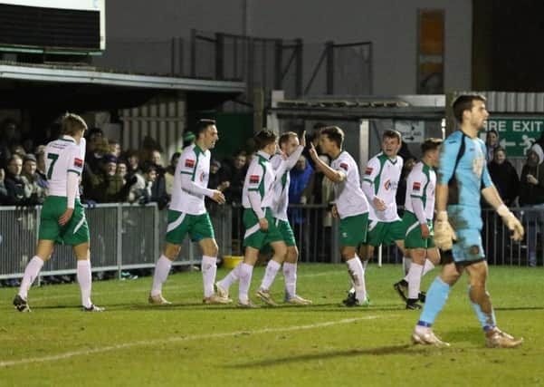 The Rocks celebrate the opening goal in the replay win over Sutton / Picture by Tim Hale