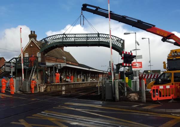 The footbridge at Billingshurst Railway Station is removed. Photo by David Stevens