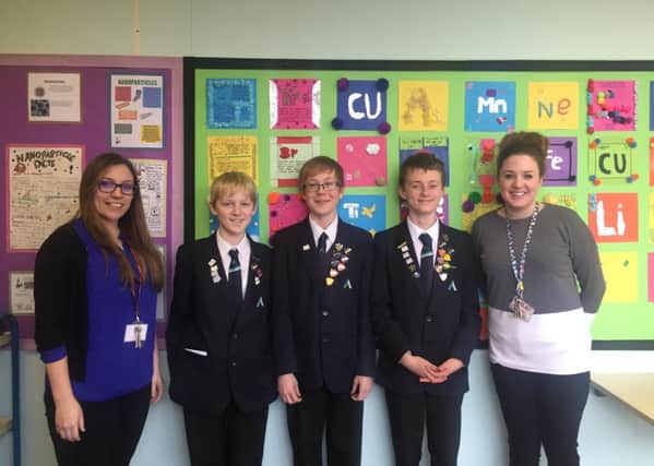 Miss Clements, left, and Miss Boyne with award winners Ned Dadson, Ollie OToole and William Towler
