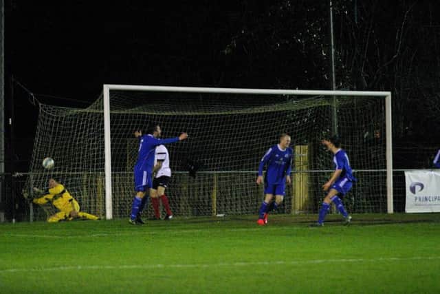Broadbridge Heath first goal, scored by Stuart Chester. Photo by Clive Turner